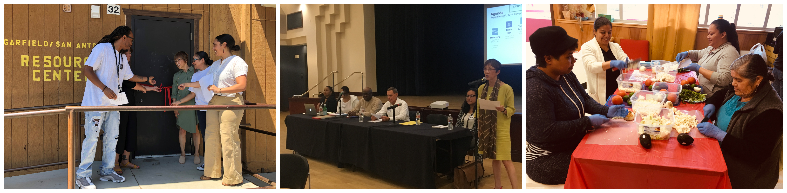Collage of images from ALL IN’s work. L-R: San Antonio Family Resource Center ribbon cutting, Supervisor Chan speaking at ALL IN’s End Child Poverty in California convening, and Healthy cooking preparation.