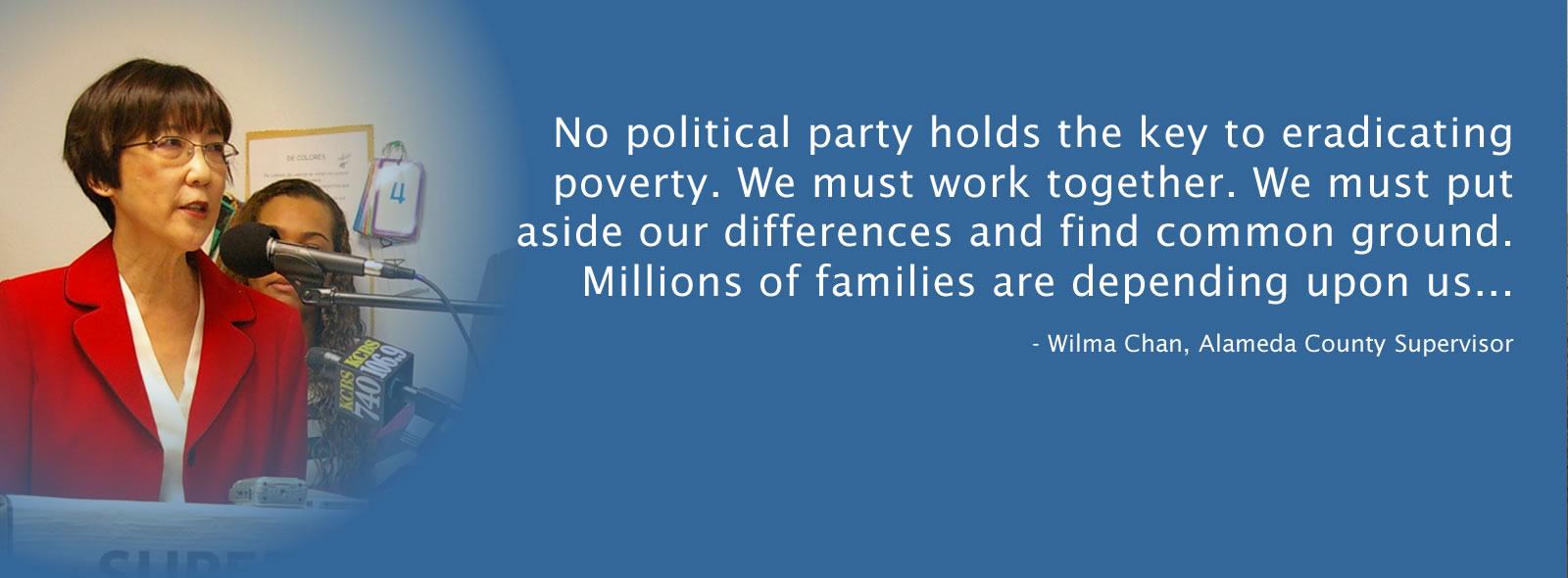 Photo of Alameda County Supervisor Wilma Chan speaking at a press conference.