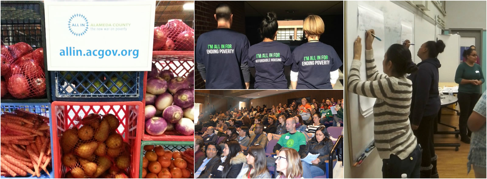 Collage of ALL IN listening sessions, press conferences, and Social Innovation fair.